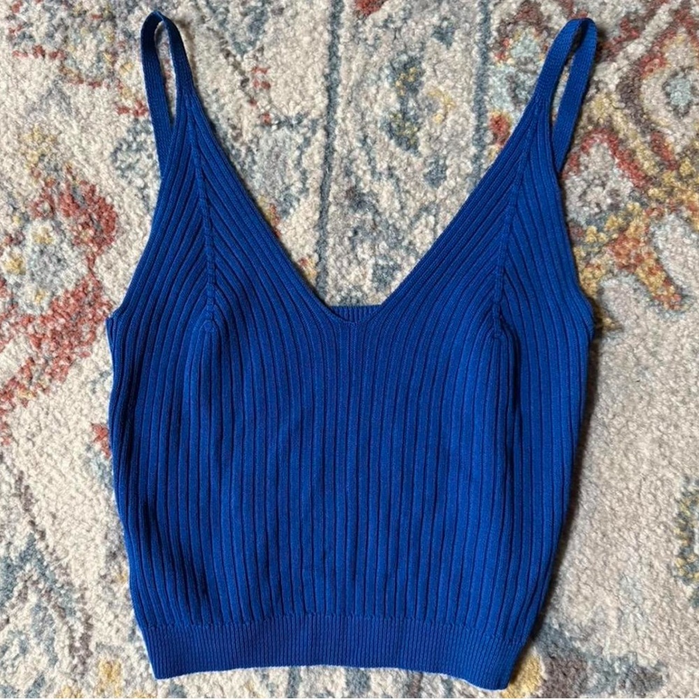 Blue Ribbed Knit Hand-Dyed Crop Top